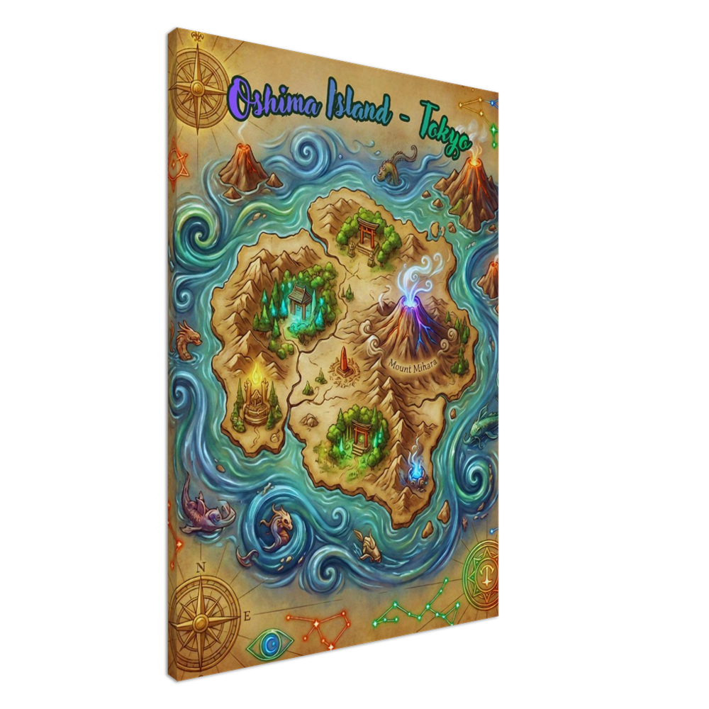 Oshima Island Tokyo – Volcanic Fantasy Island Illustration Map Canvas Wall Art