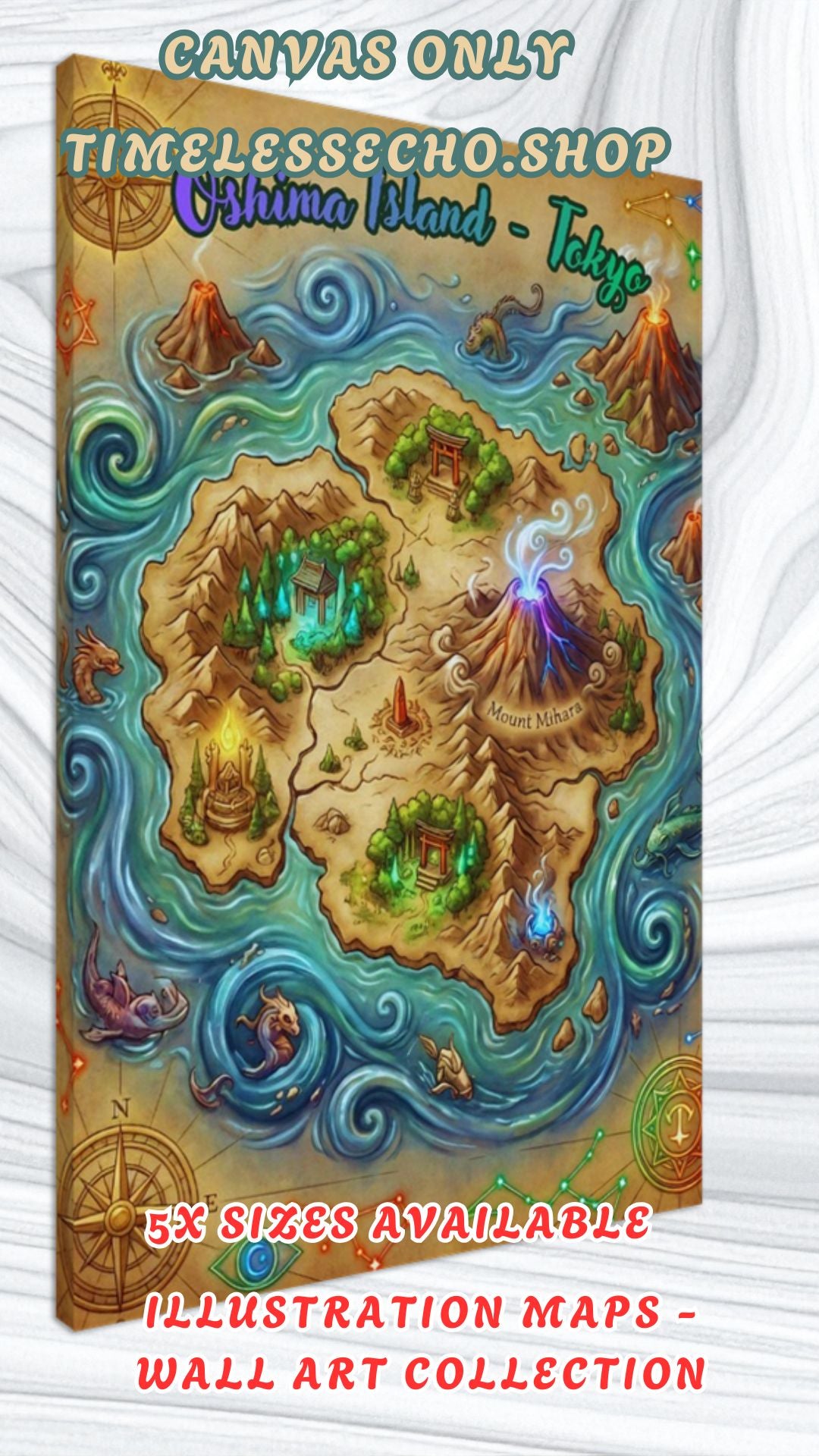 Oshima Island Tokyo – Volcanic Fantasy Island Illustration Map Canvas Wall Art