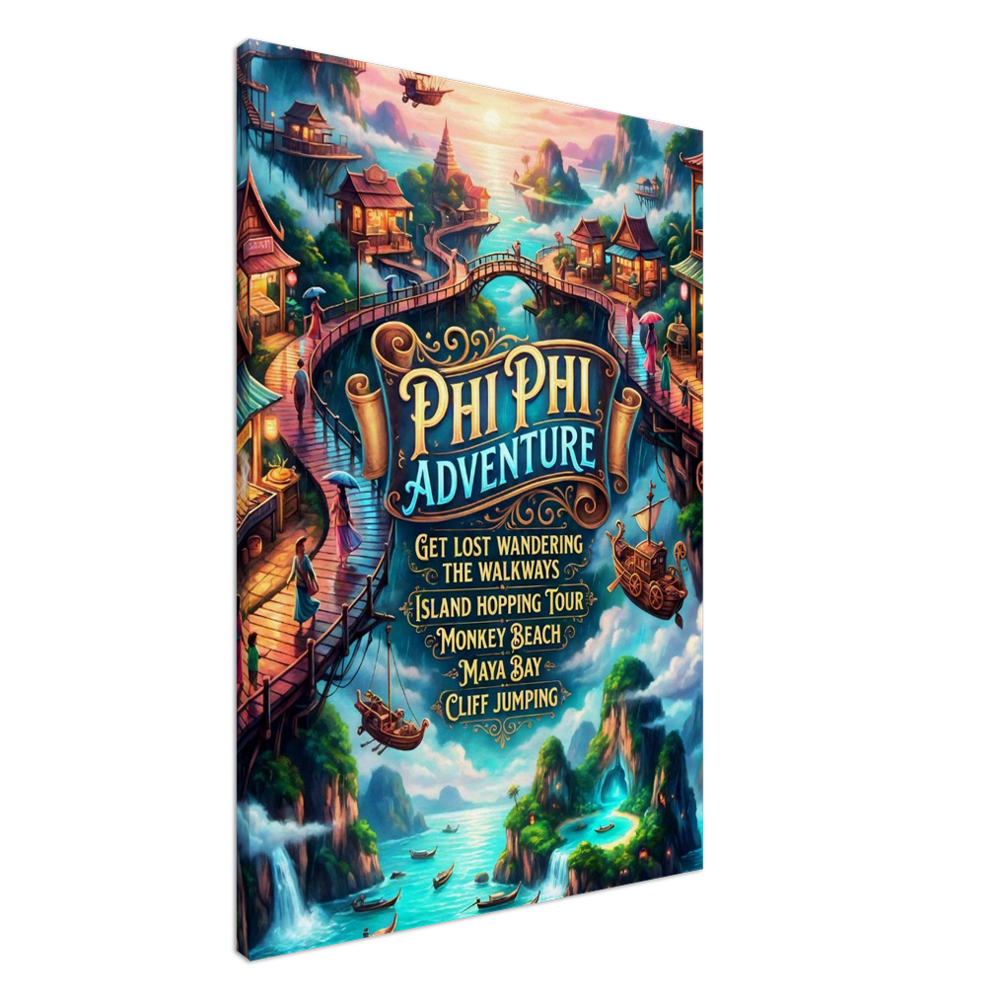 Phi Phi Adventure Thailand – Fantasy Island Hopping Illustration Map Canvas Wall Art