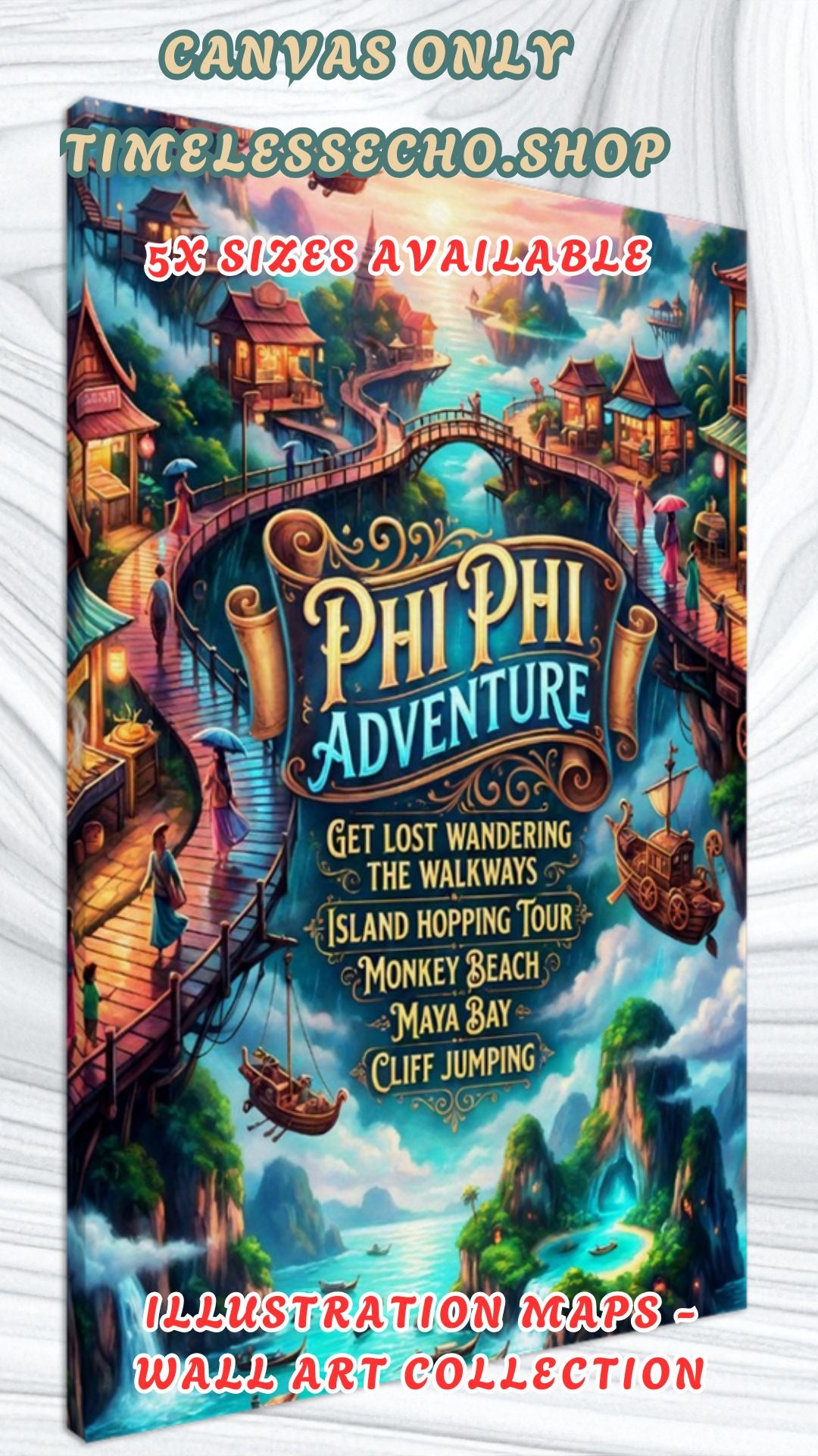 Phi Phi Adventure Thailand – Fantasy Island Hopping Illustration Map Canvas Wall Art